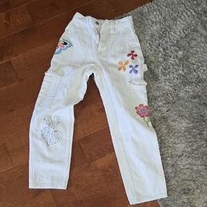 PacSun White Cargo Pants with Colorful Embroidery